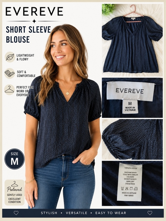 Evereve Tops - Evereve Navy V-Neck Short Sleeve Blouse